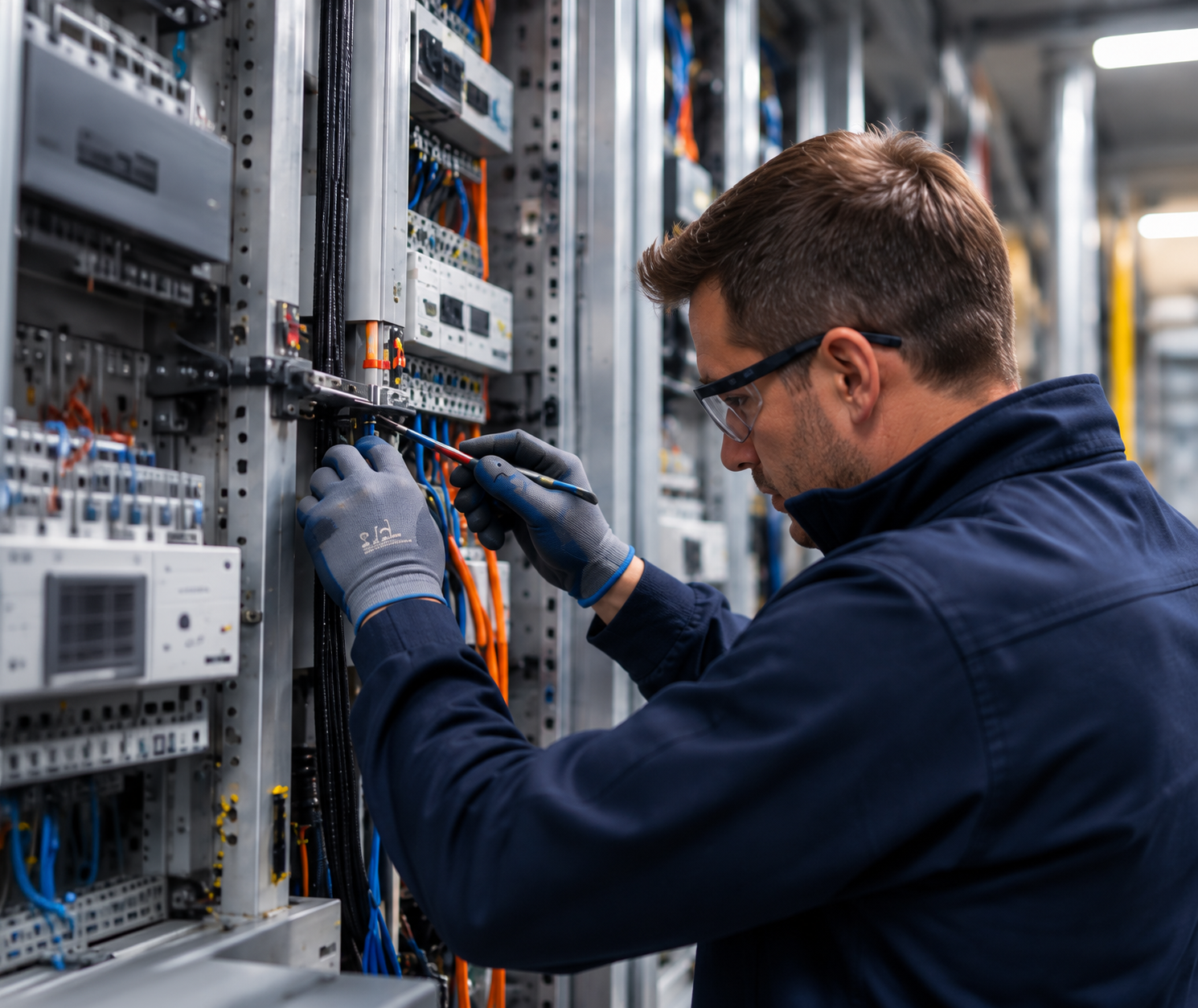 Electrical engineer wiring a distribution panel in a plant room