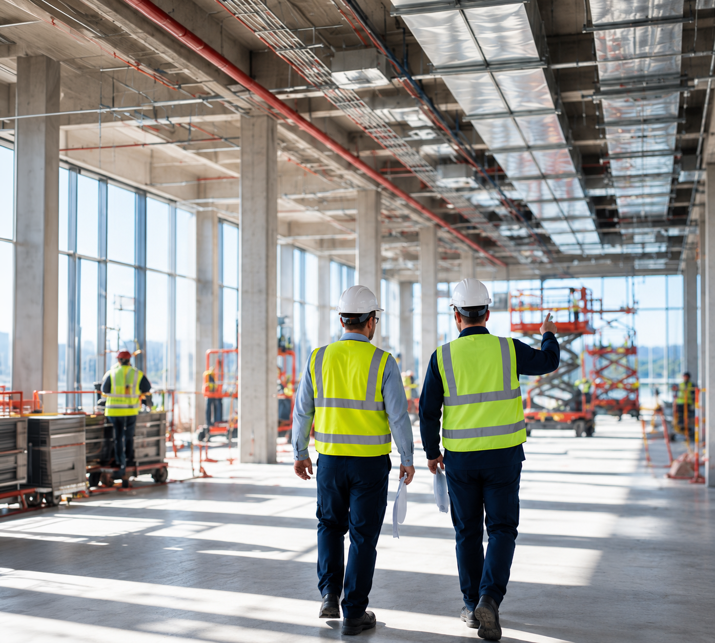 Two site managers in hi-vis walking a commercial fit-out floor