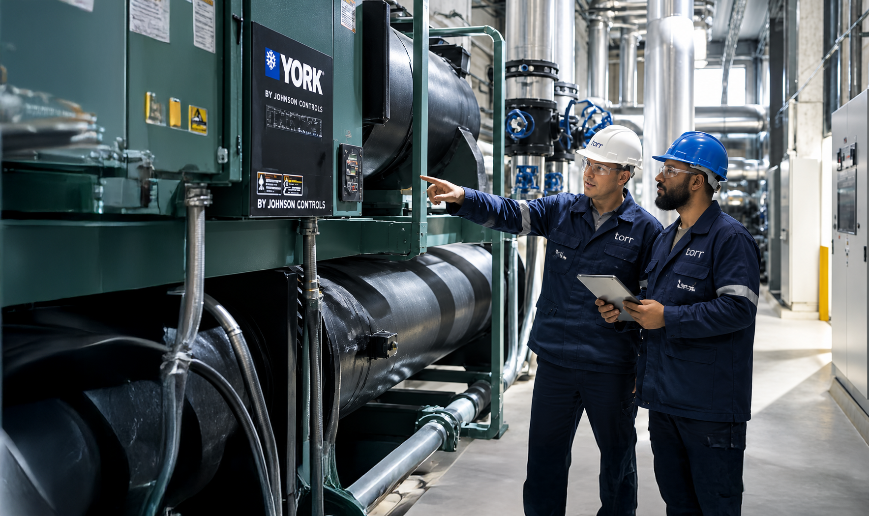 Two building services engineers inspecting a chiller in a commercial plant room