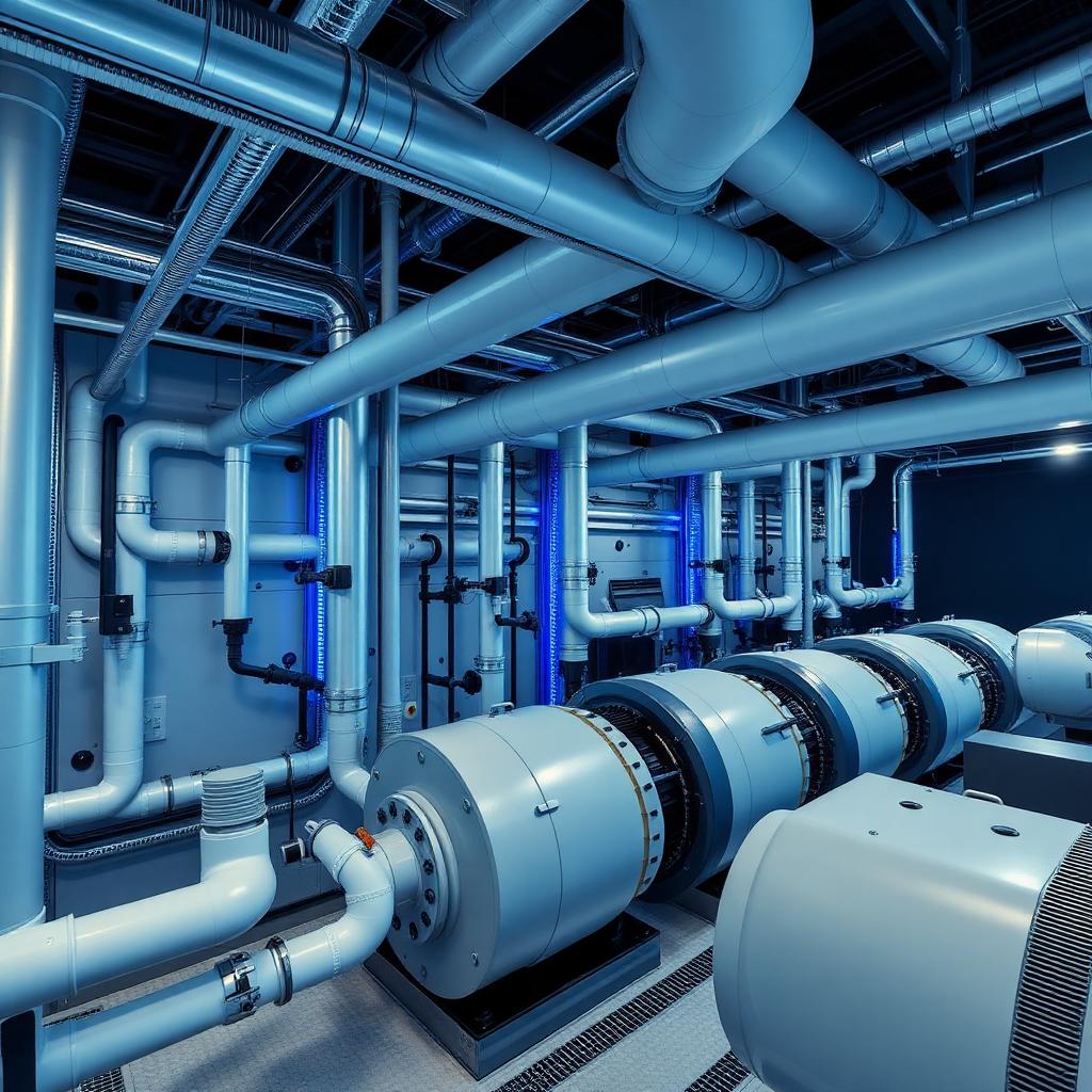 Chilled water pipework and cooling pumps in a data centre plant room