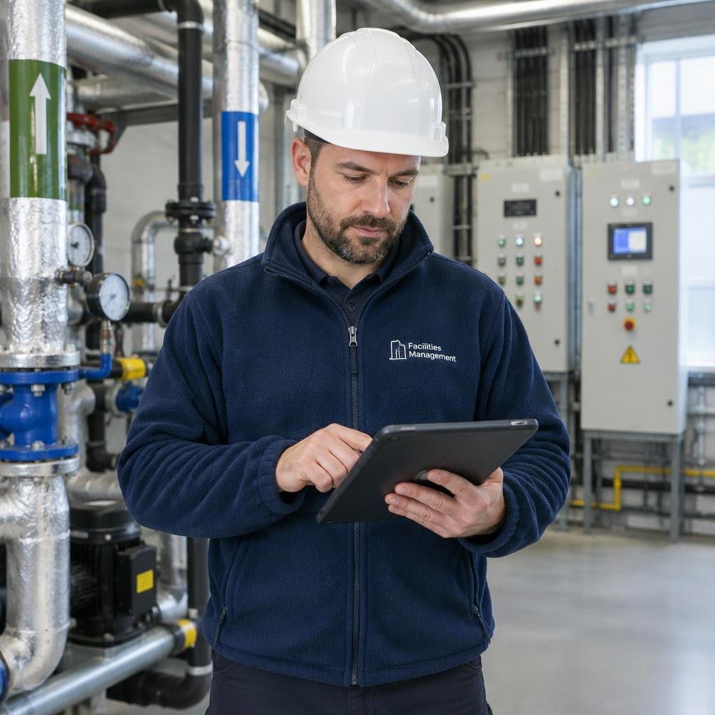 Facilities manager reviewing a compliance checklist in a plant room