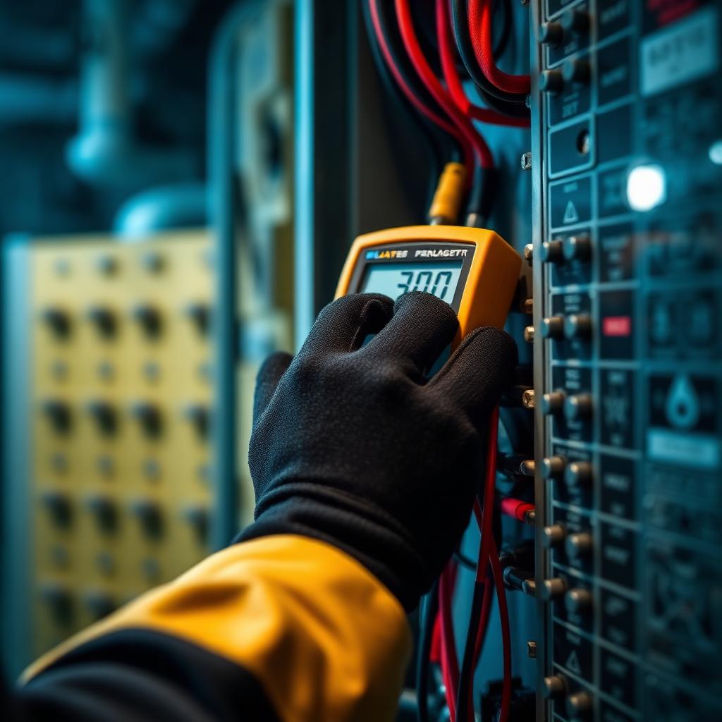 Engineer testing an electrical distribution panel with a multimeter