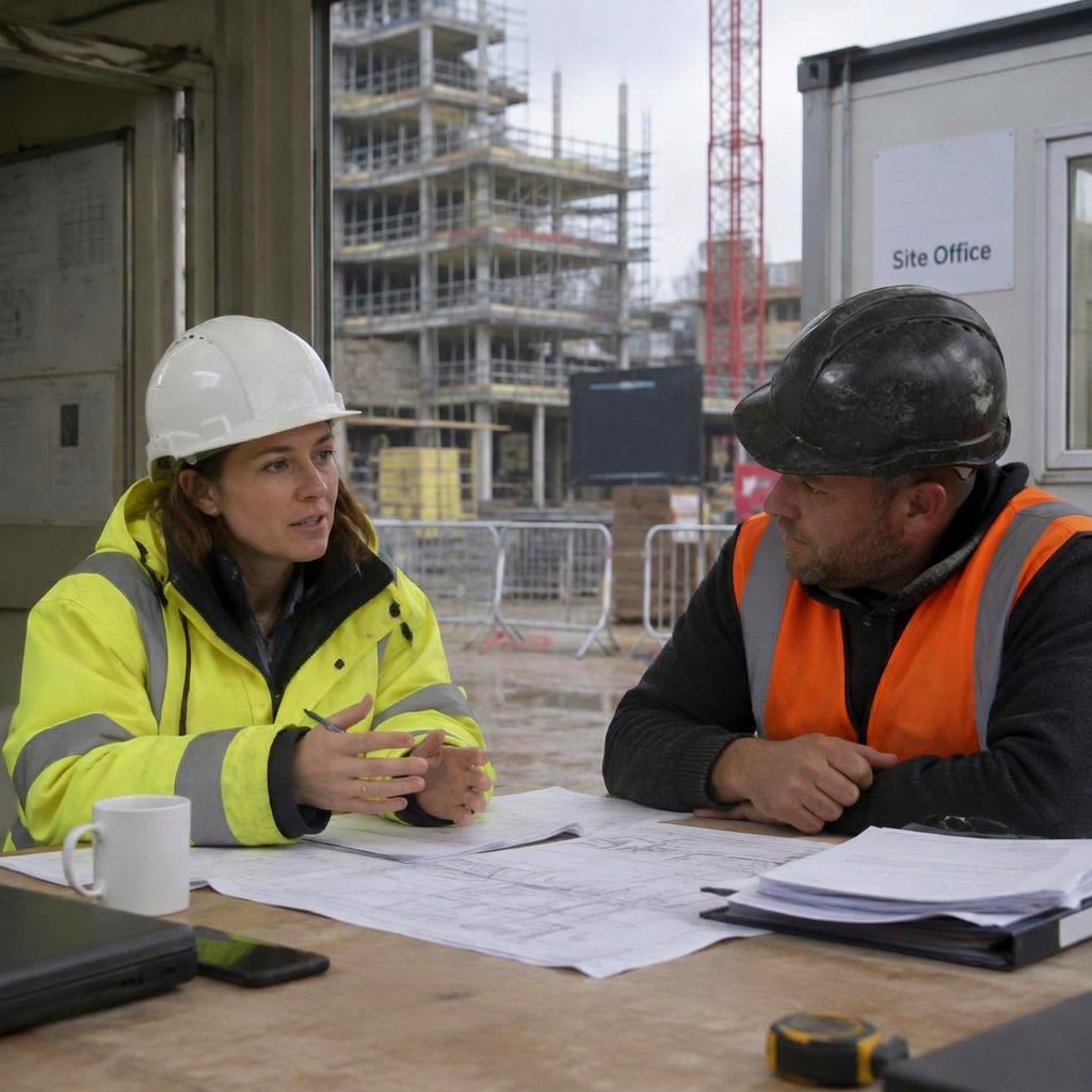 Engineers reviewing plans on site
