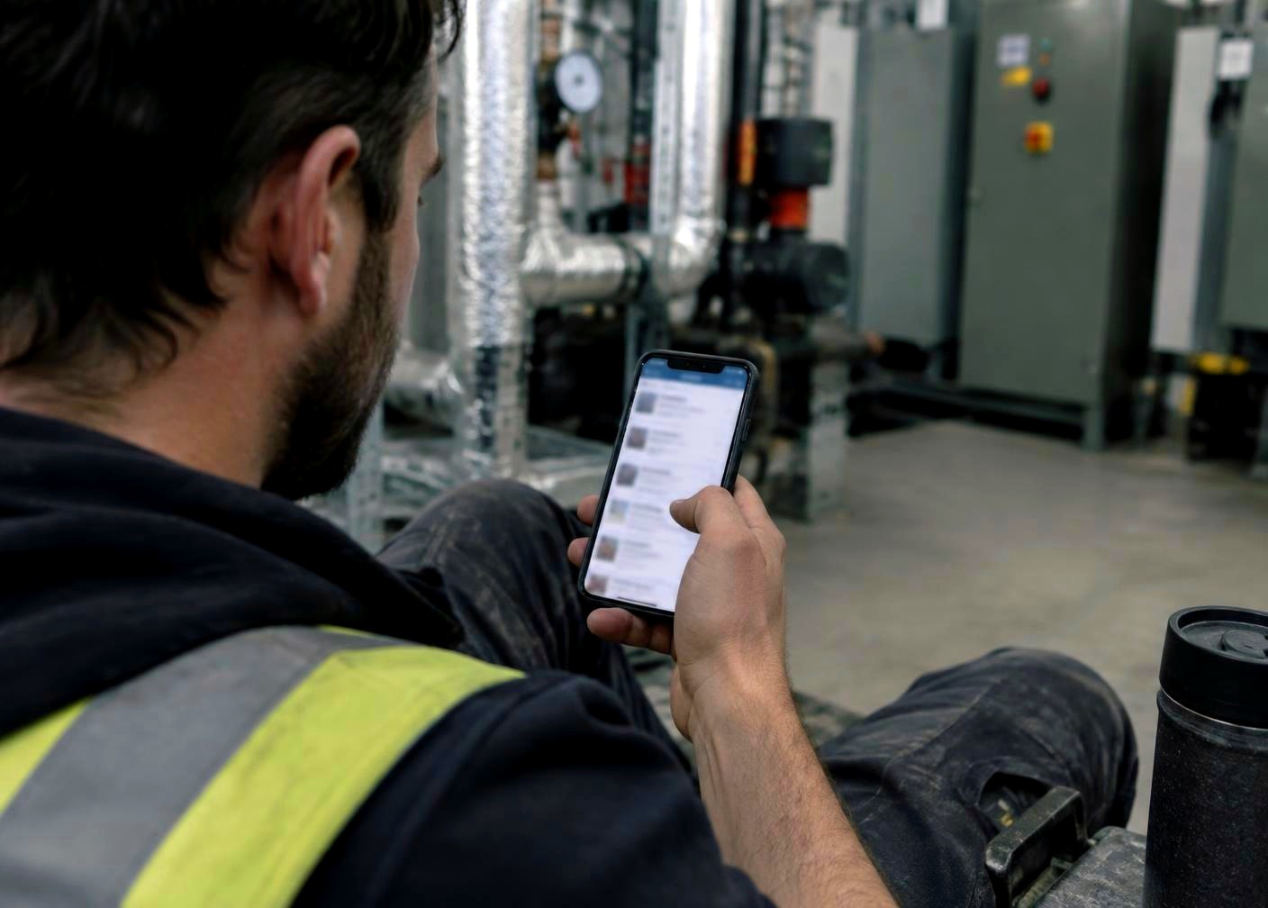 Engineer browsing job adverts on his phone during a break