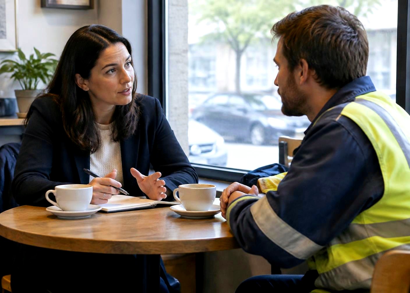 Recruiter having an honest conversation with an engineer over coffee
