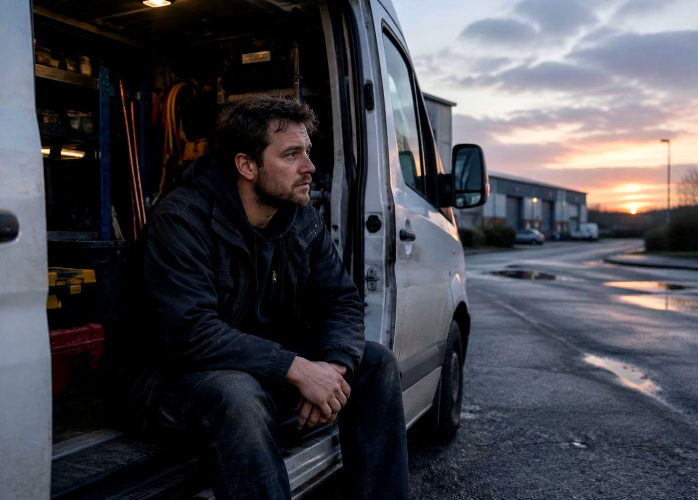 Engineer sitting in his van at the end of a shift