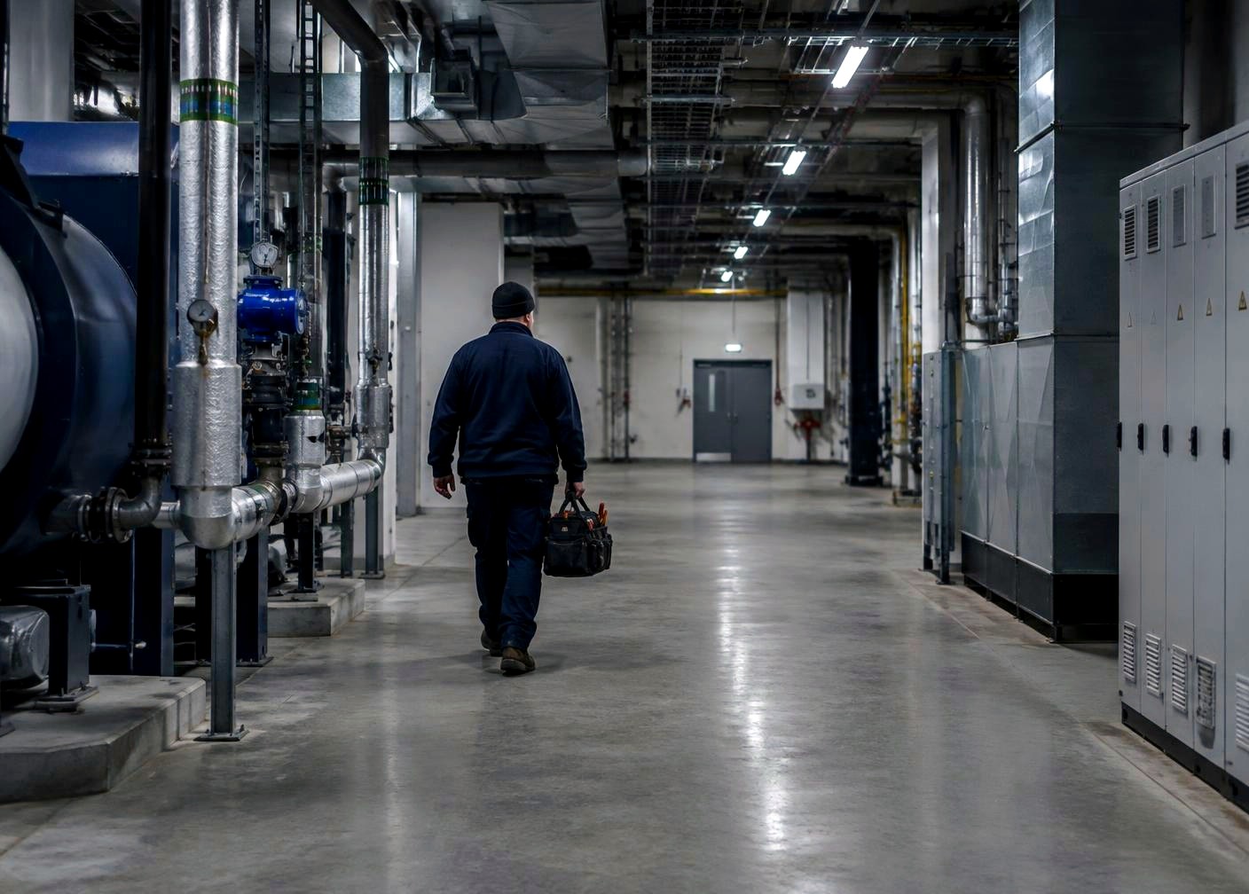 Lone engineer walking through a large plant room
