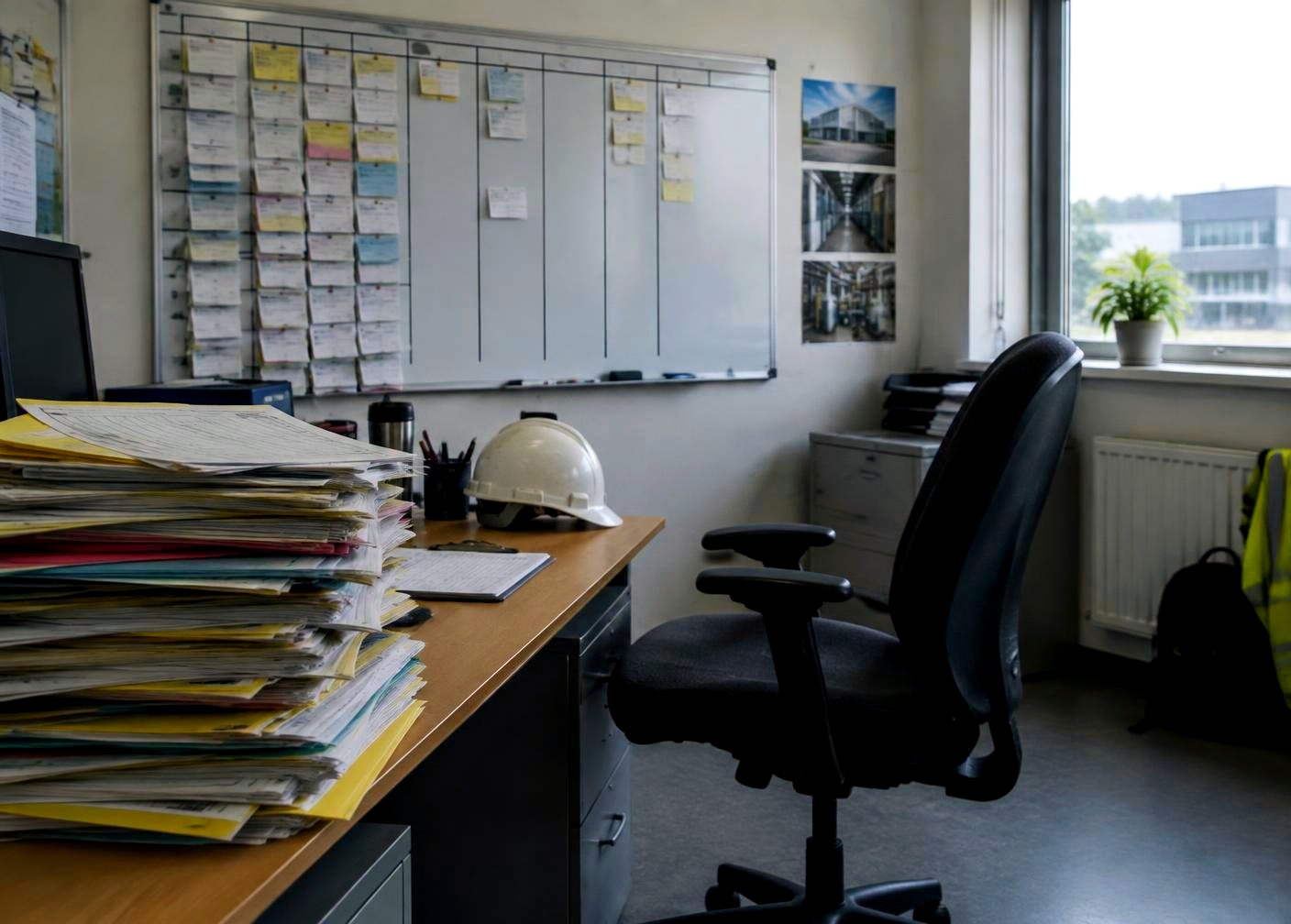 Empty engineer's desk with a backlog of job sheets