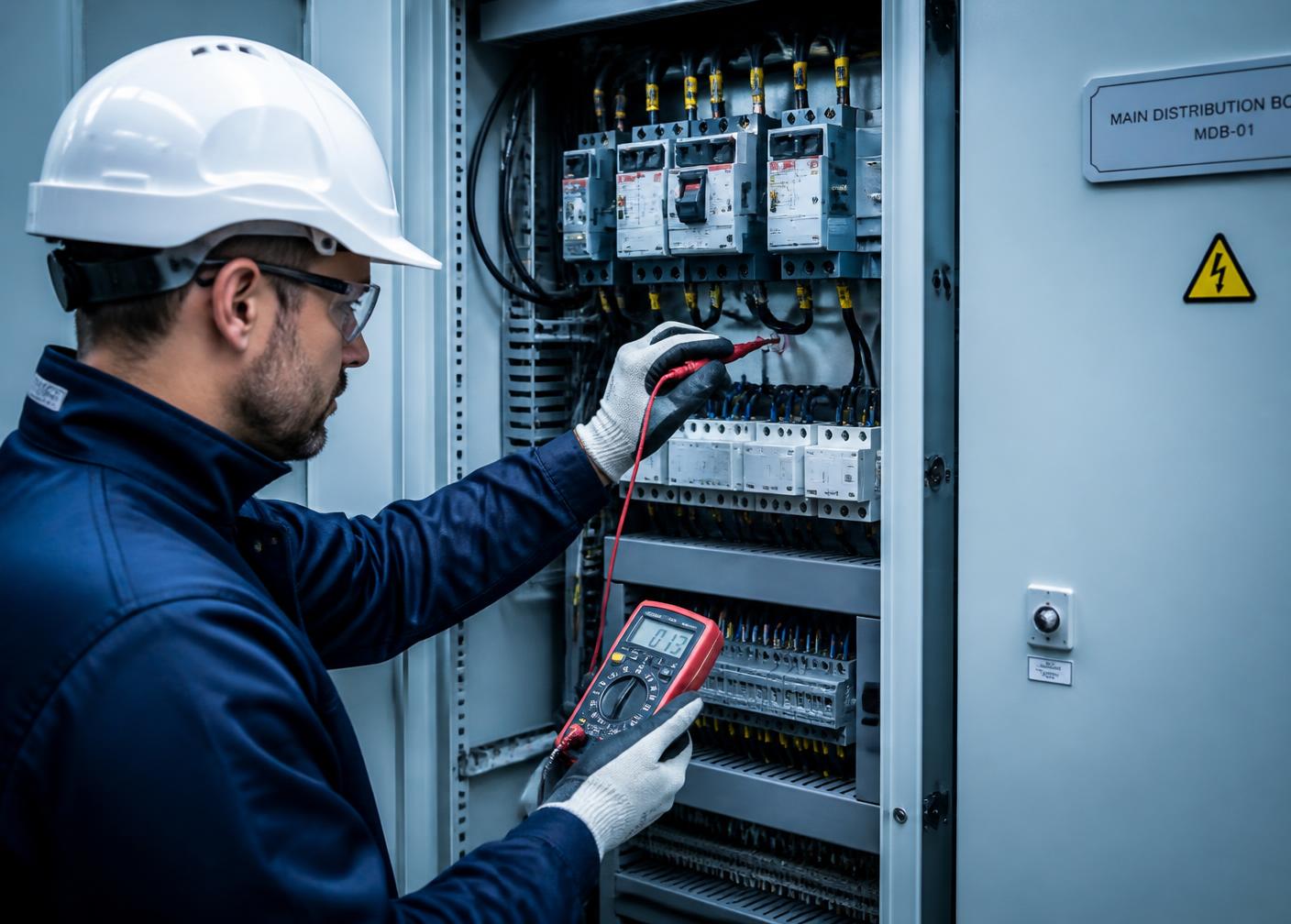 Electrical engineer testing an LV distribution board with a multimeter